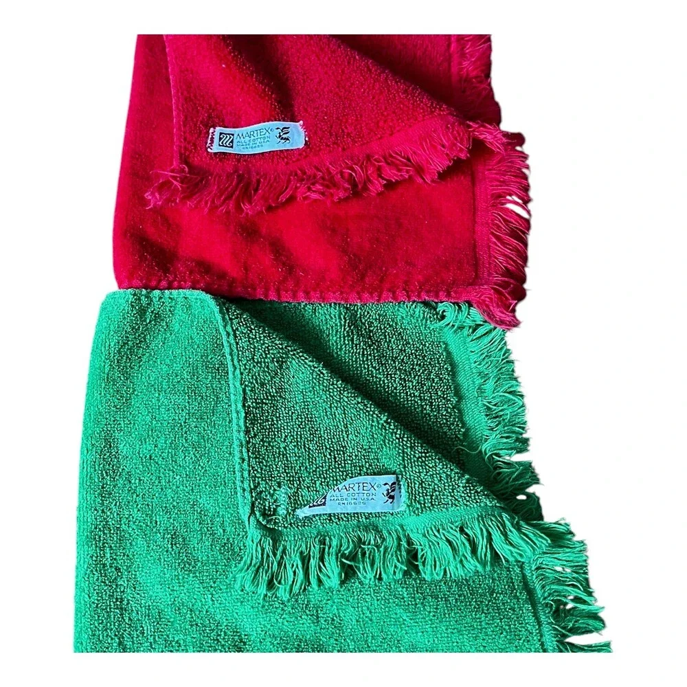 Lot Of 2 VTG Martex Xmas Santa Snowman Red Green Fingertip Hand Towels Bathroom